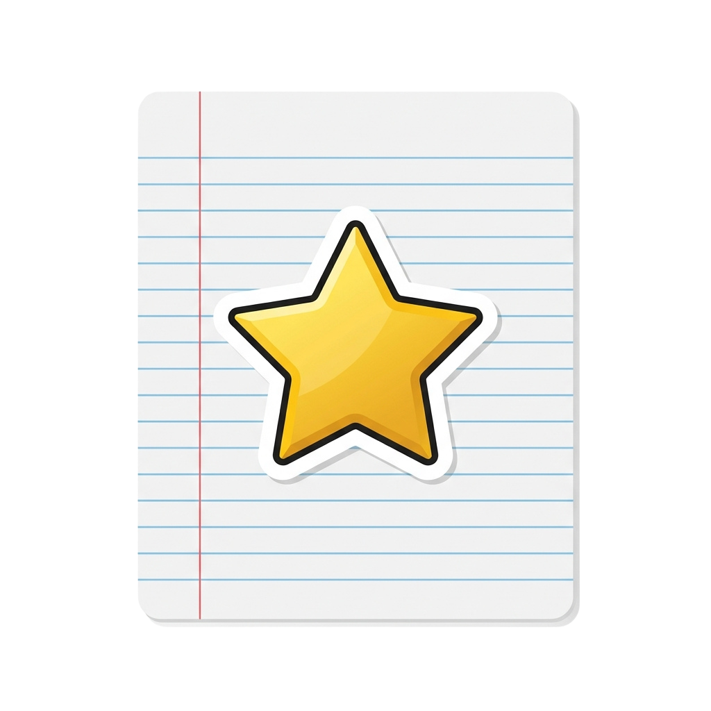 A yellow star sticker placed on a sheet of lined paper with blue grid lines and a red margin line.