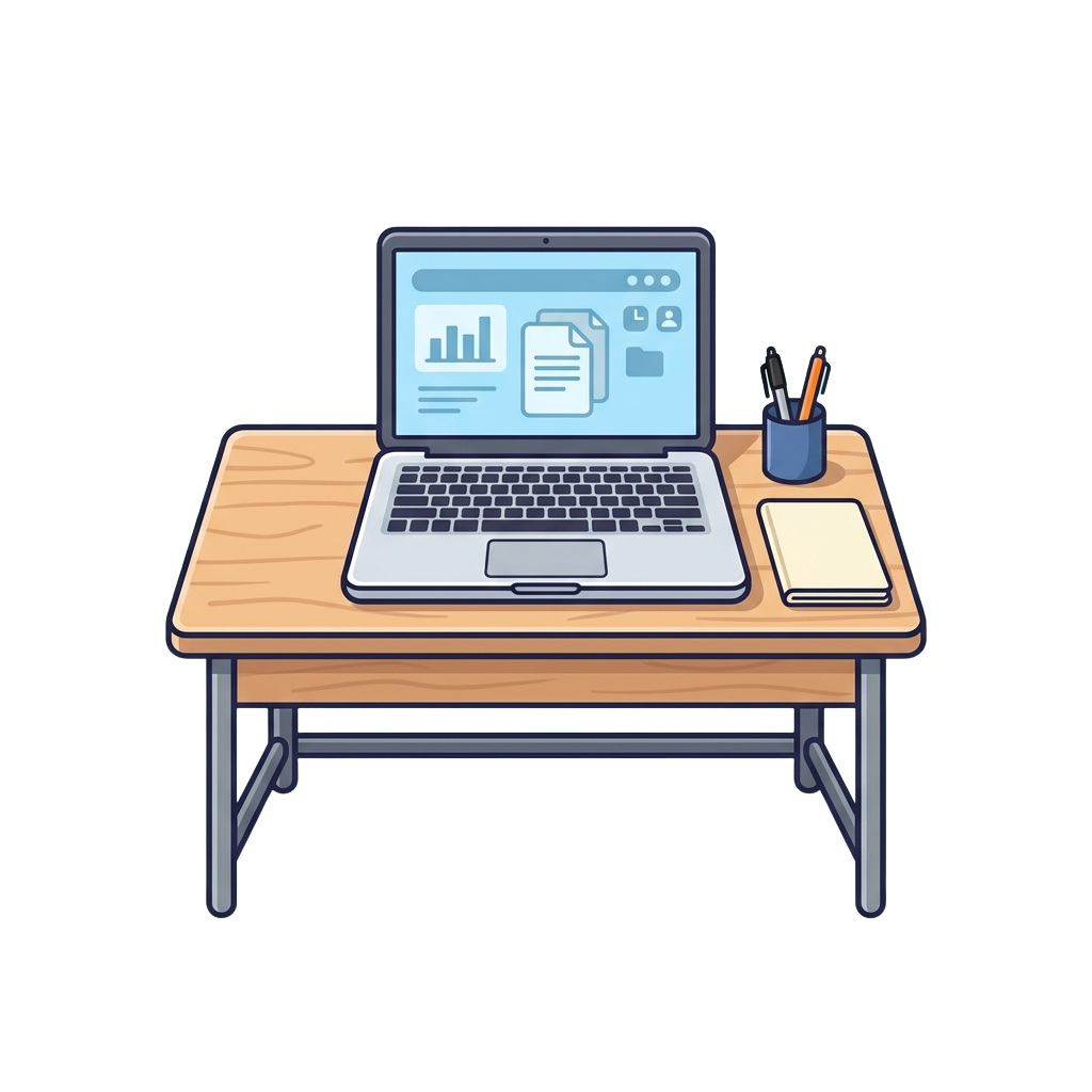 A laptop on a wooden desk with a cup of pens and a notepad beside it