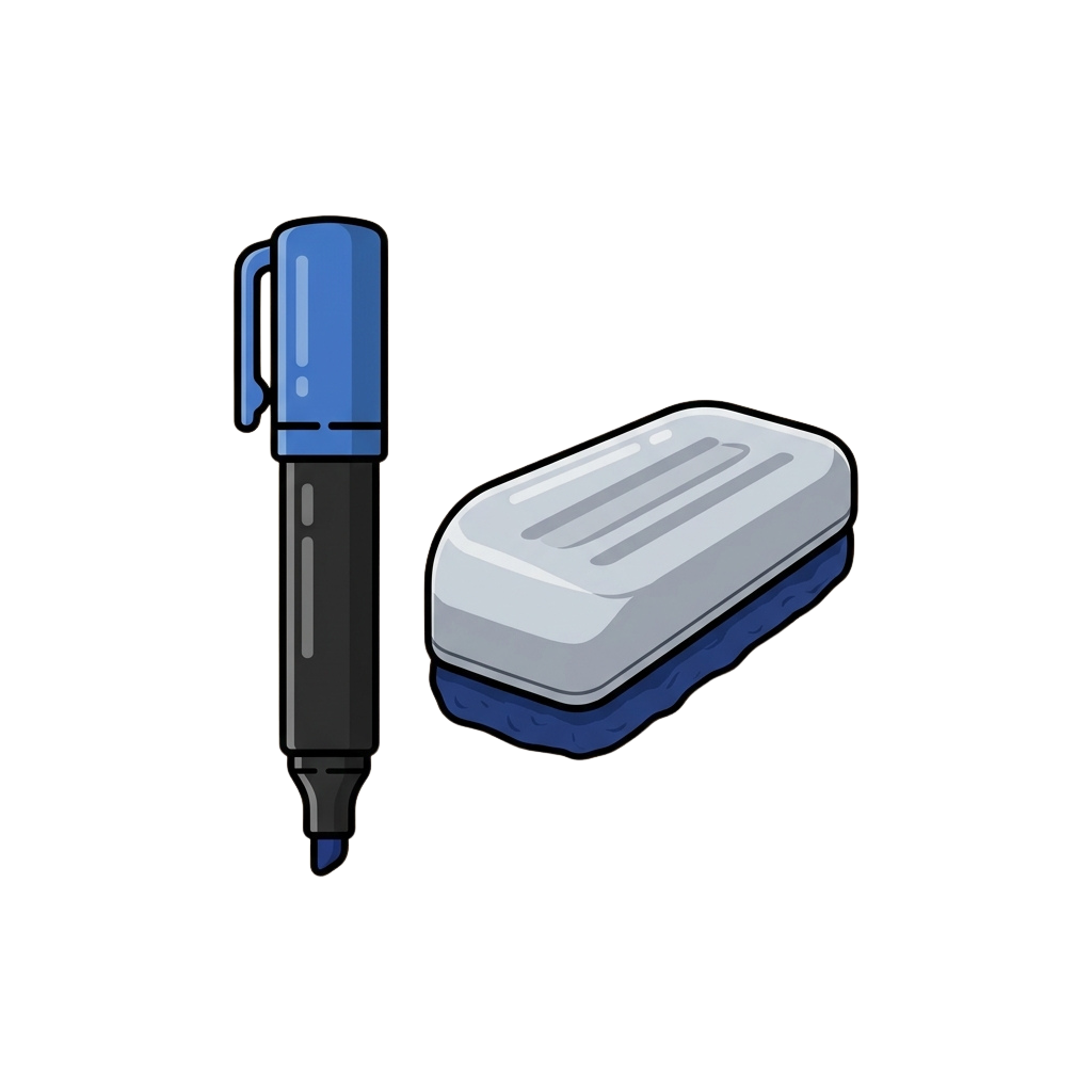 Illustration of a blue marker pen and a matching blue and white eraser