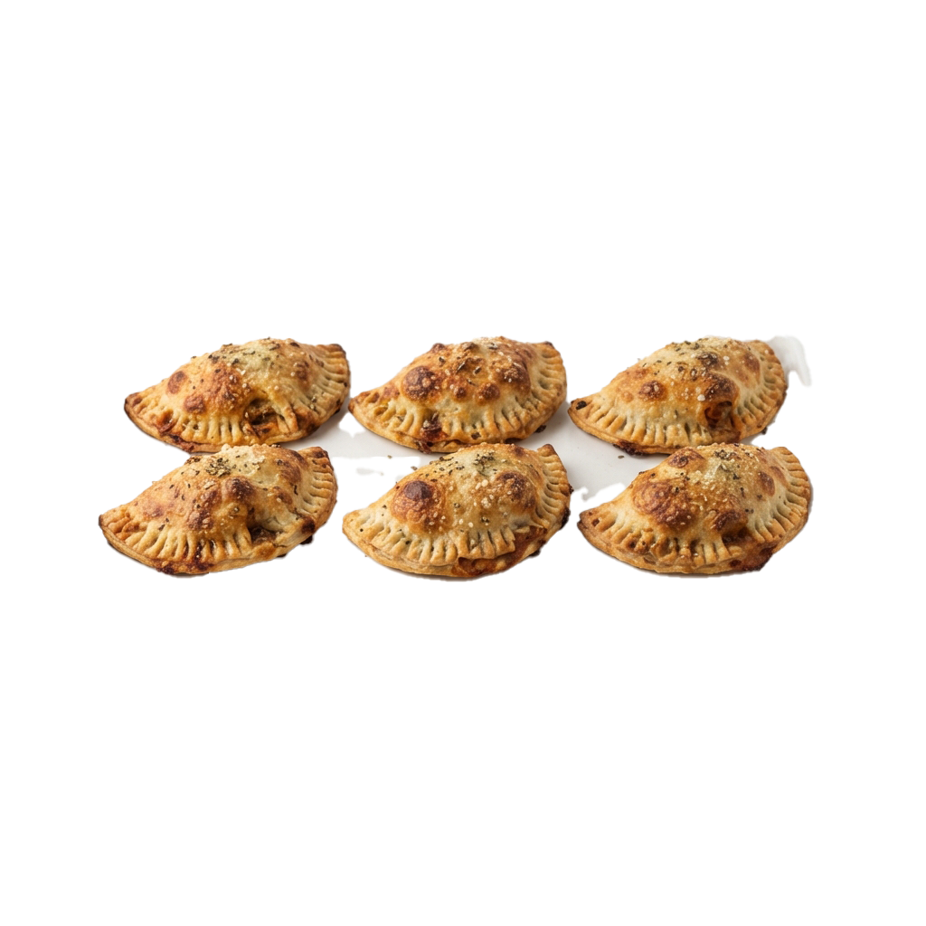 Six golden-brown, crimped-edged hand pies arranged in a fan shape on a white background