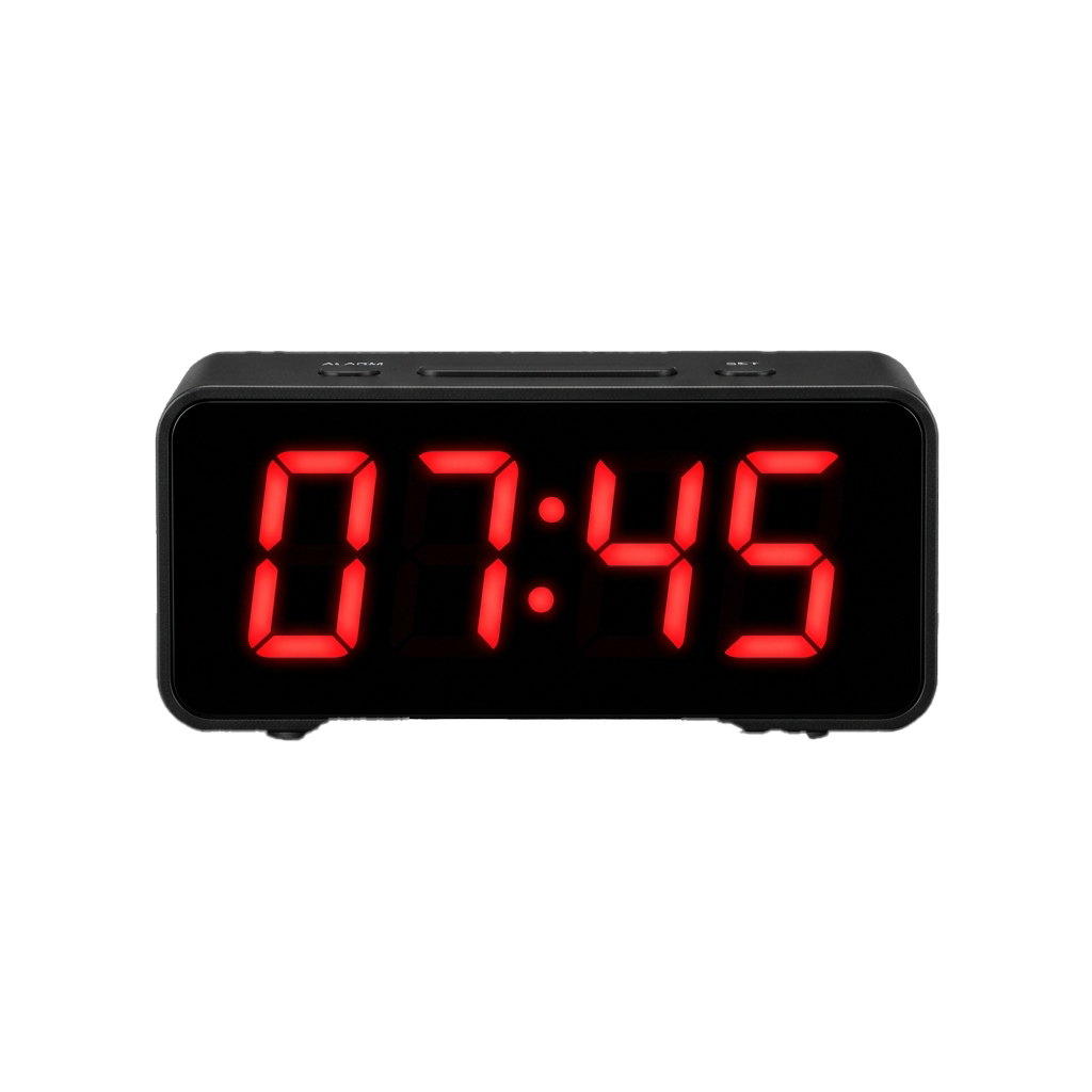 Black digital alarm clock displaying red 07:45 time against a dark background