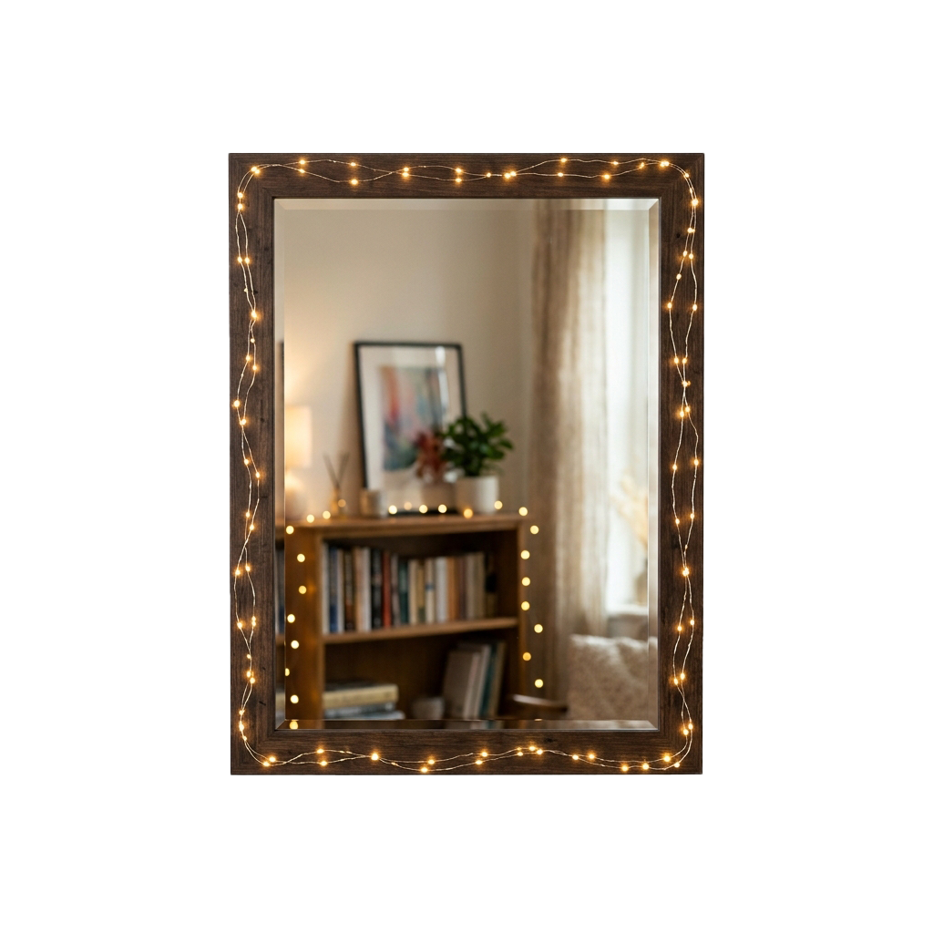 Mirror framed with warm string lights reflecting a cozy bookshelf and plant in a room