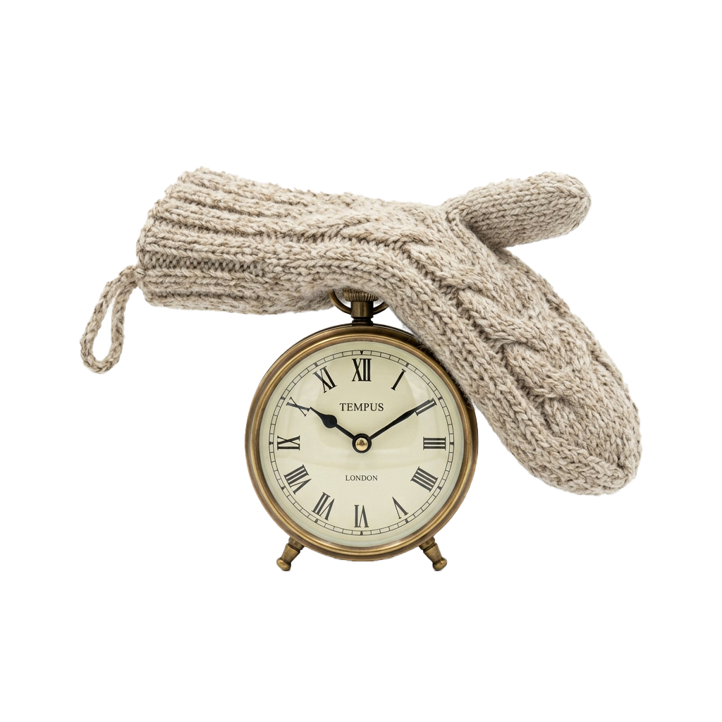 A gold pocket watch with Roman numerals next to a pair of beige knitted mittens.