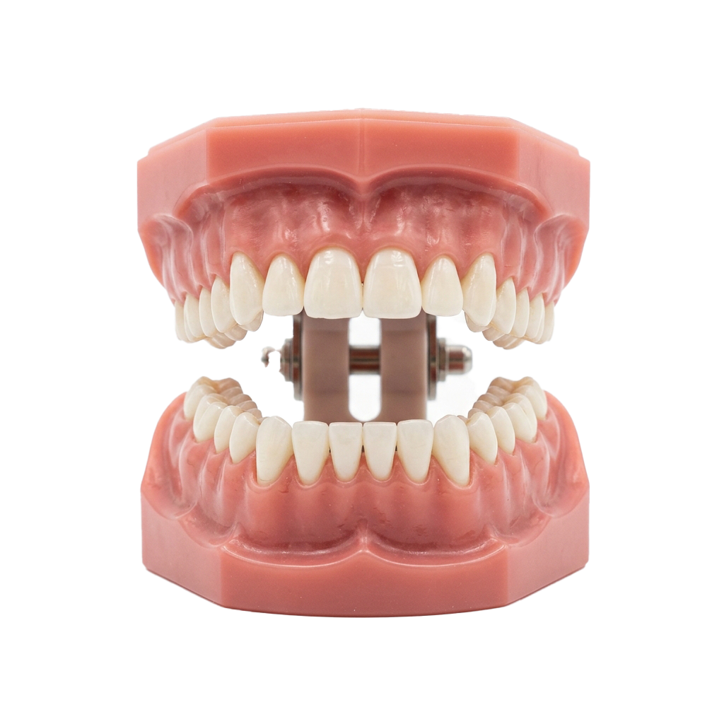 A dental model with upper and lower teeth featuring a metal orthodontic bracket in the front center.