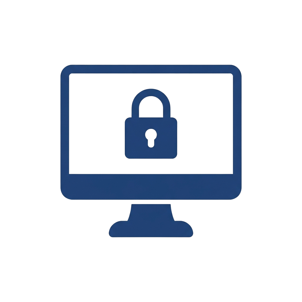 A computer monitor displaying a blue lock icon on a black screen