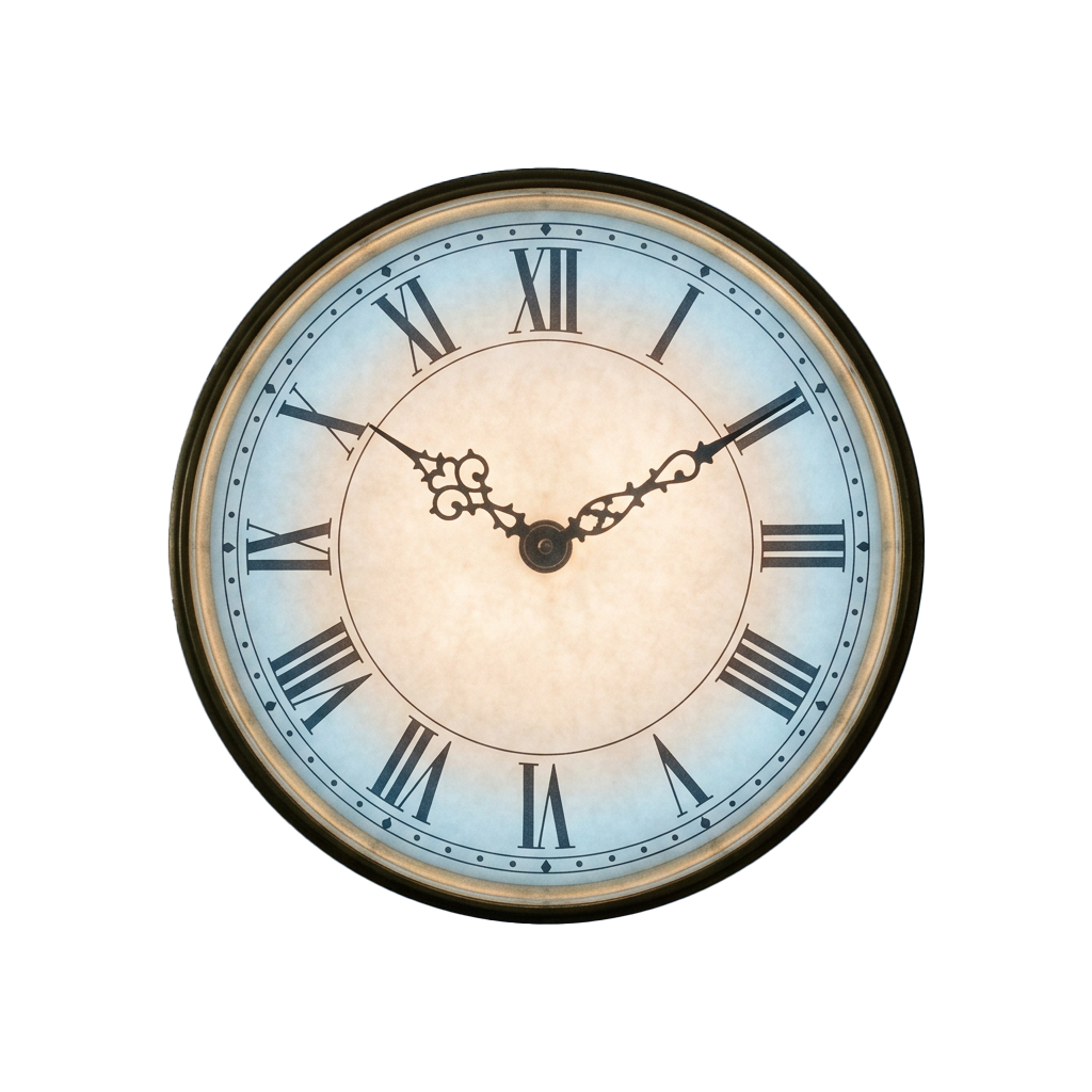 A round wall clock with Roman numerals and ornate black hands on a light blue face with a dark border