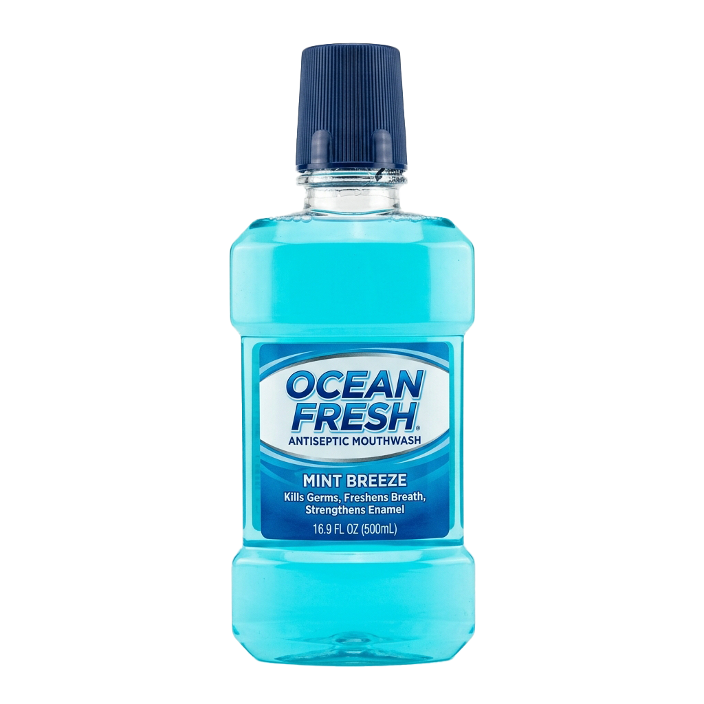 A bottle of mint-flavored antiseptic mouthwash with a blue liquid and label