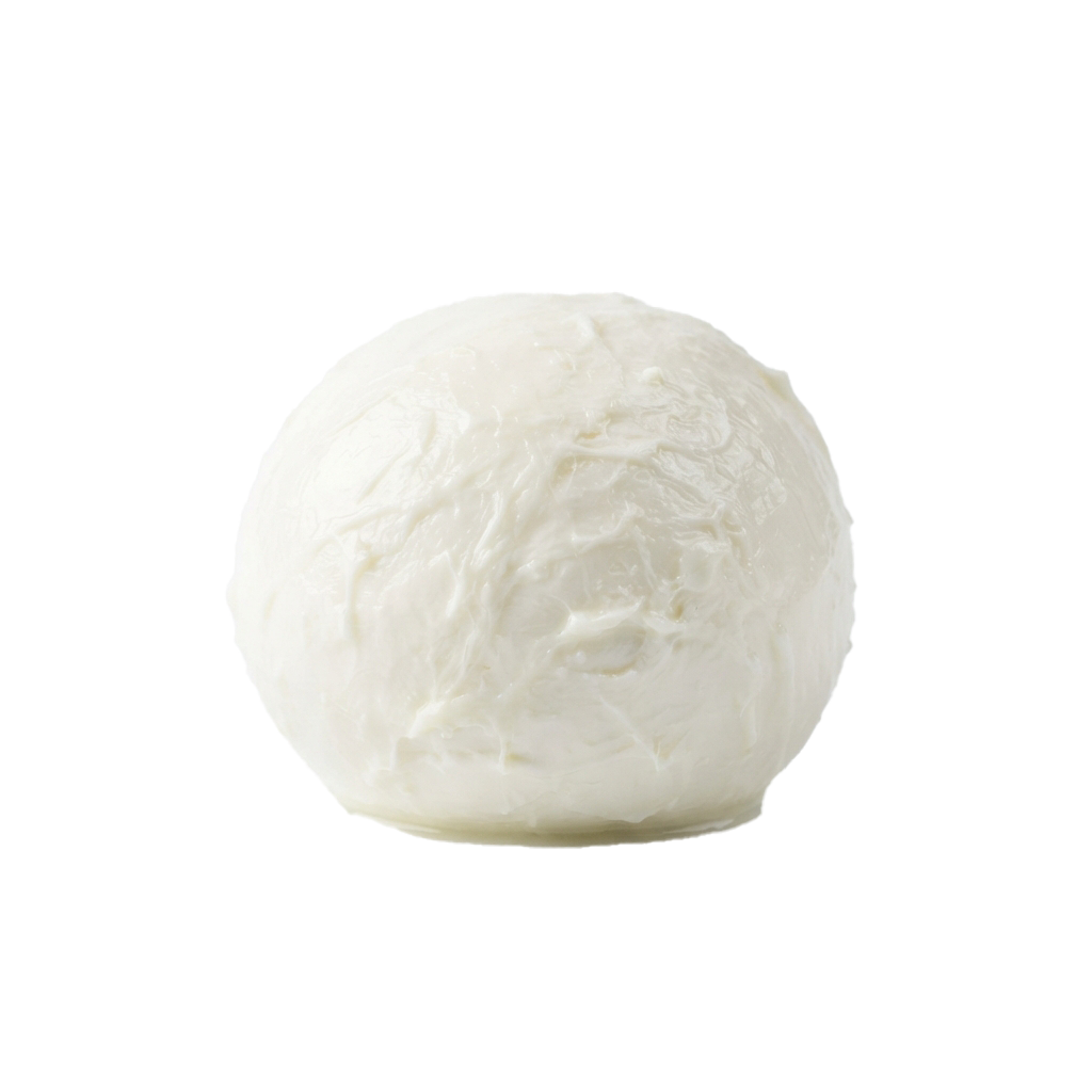 A close-up image of a round ball made of shredded white cheese