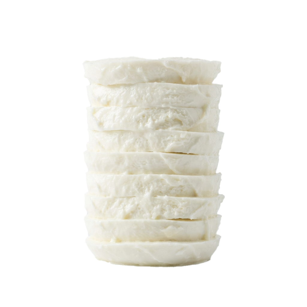 Six light-colored fluffy pancakes stacked vertically against a black background