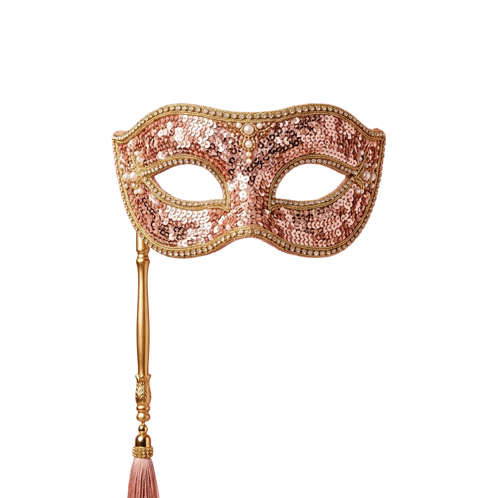 A decorative gold Venetian mask with sequins and a pink feather attached to a gold handle