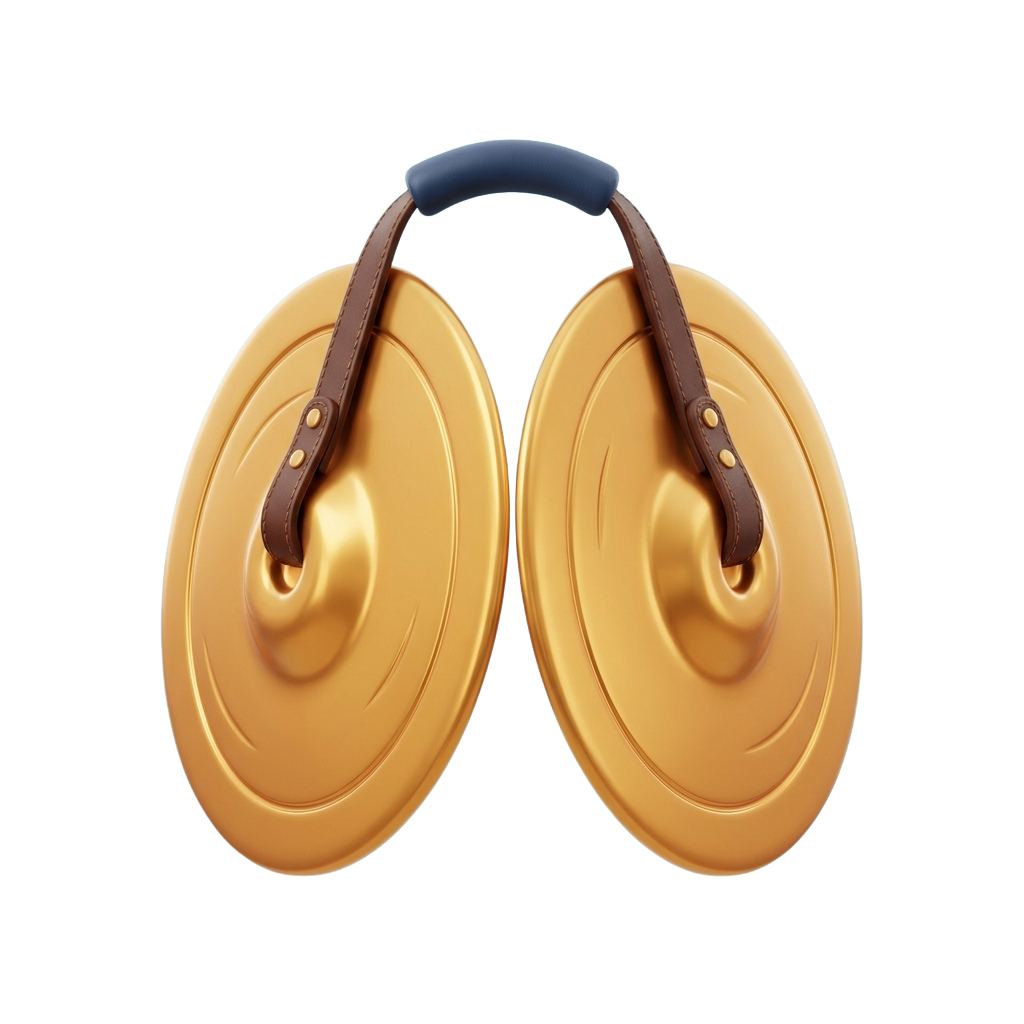 Two golden cymbals connected by a brown leather strap and blue cushion