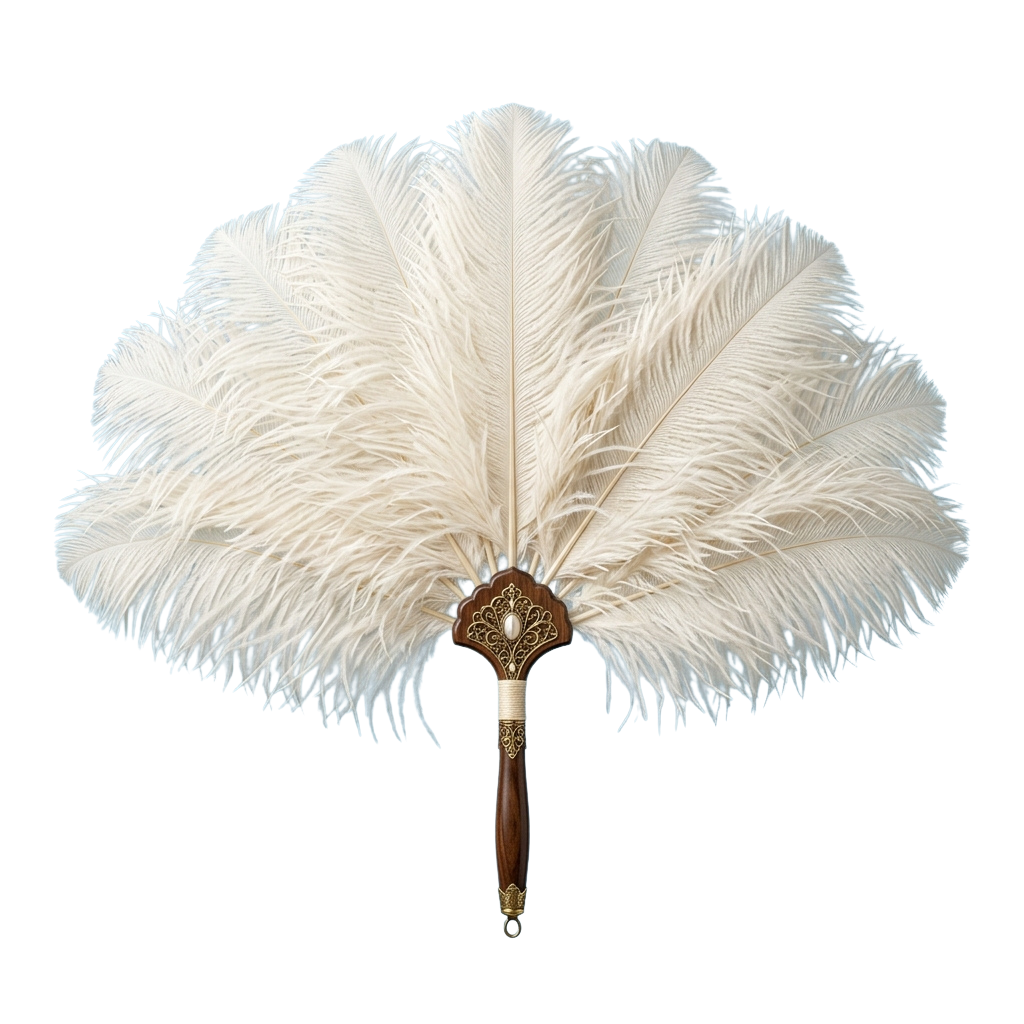 An open ivory feather hand fan with a decorative wooden handle featuring intricate designs