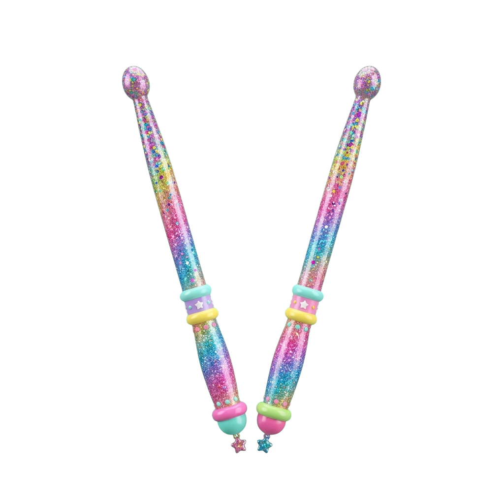 Two glitter-filled wands with colorful beads and star-shaped tips arranged in a V shape