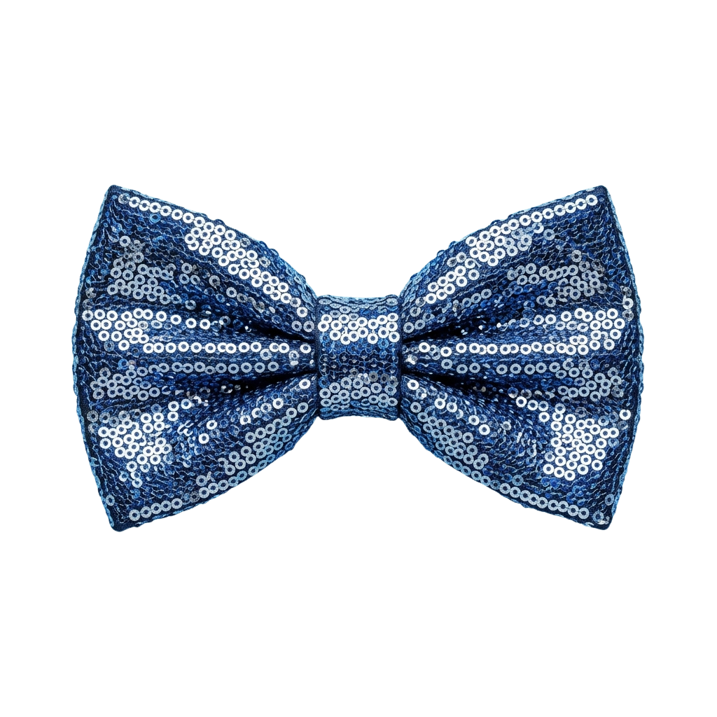 A shiny blue bow tie adorned with small silver sequins against a black background