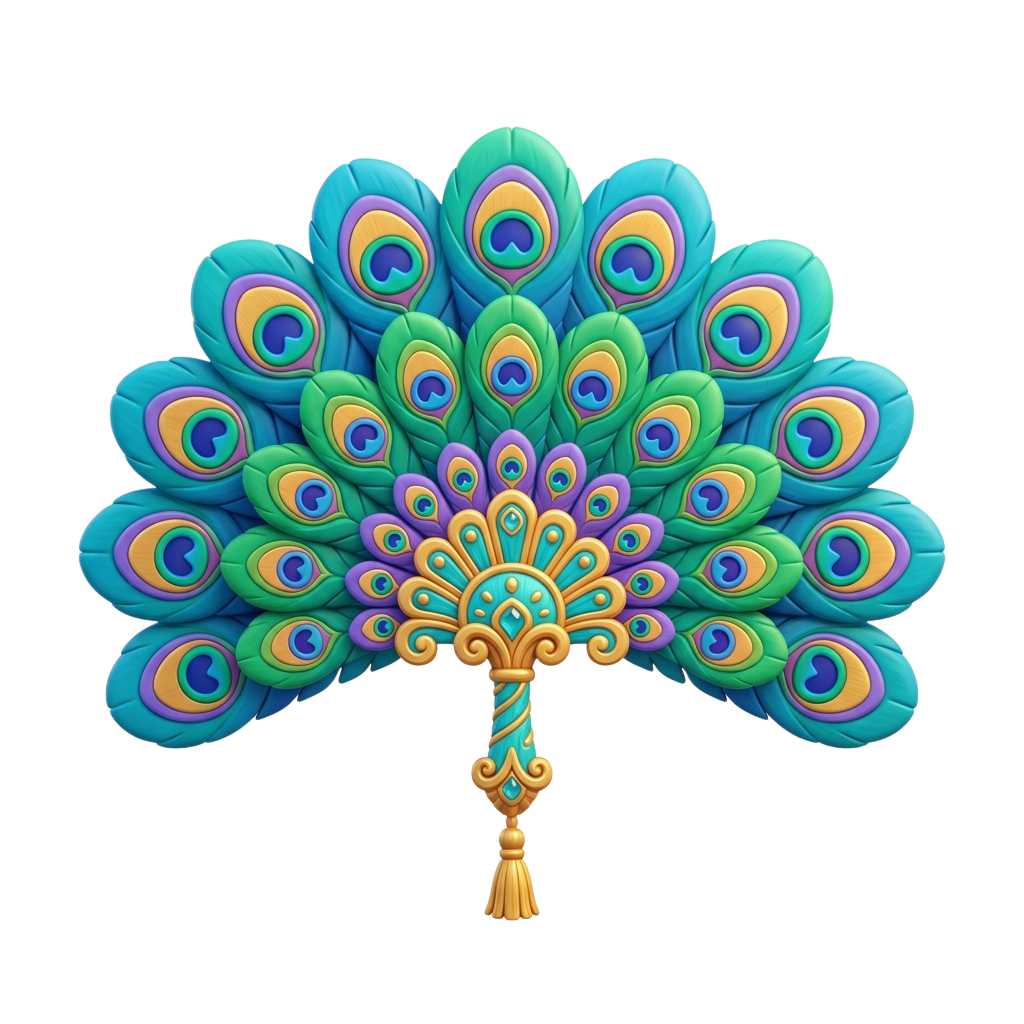 A stylized 3D peacock feather with vibrant blue, green, purple, and gold hues against a black background