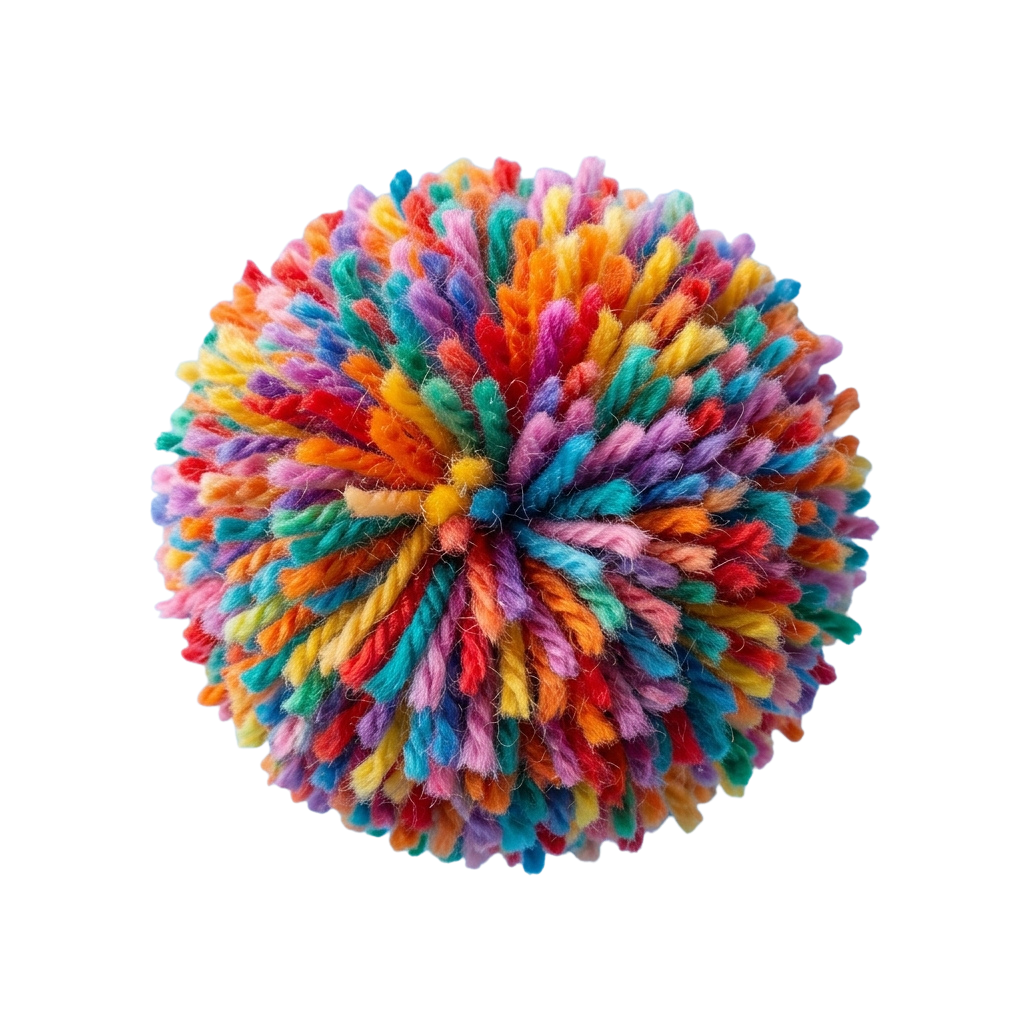 A round pom pom ball made of fluffy, multicolored yarn strands in vibrant hues