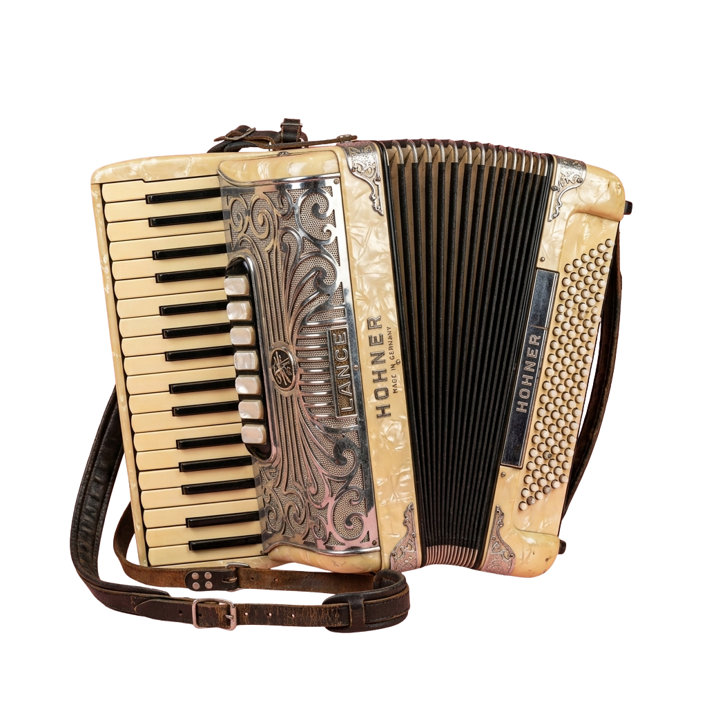 A vintage accordion featuring a cream and silver body with intricate engravings and black keys.