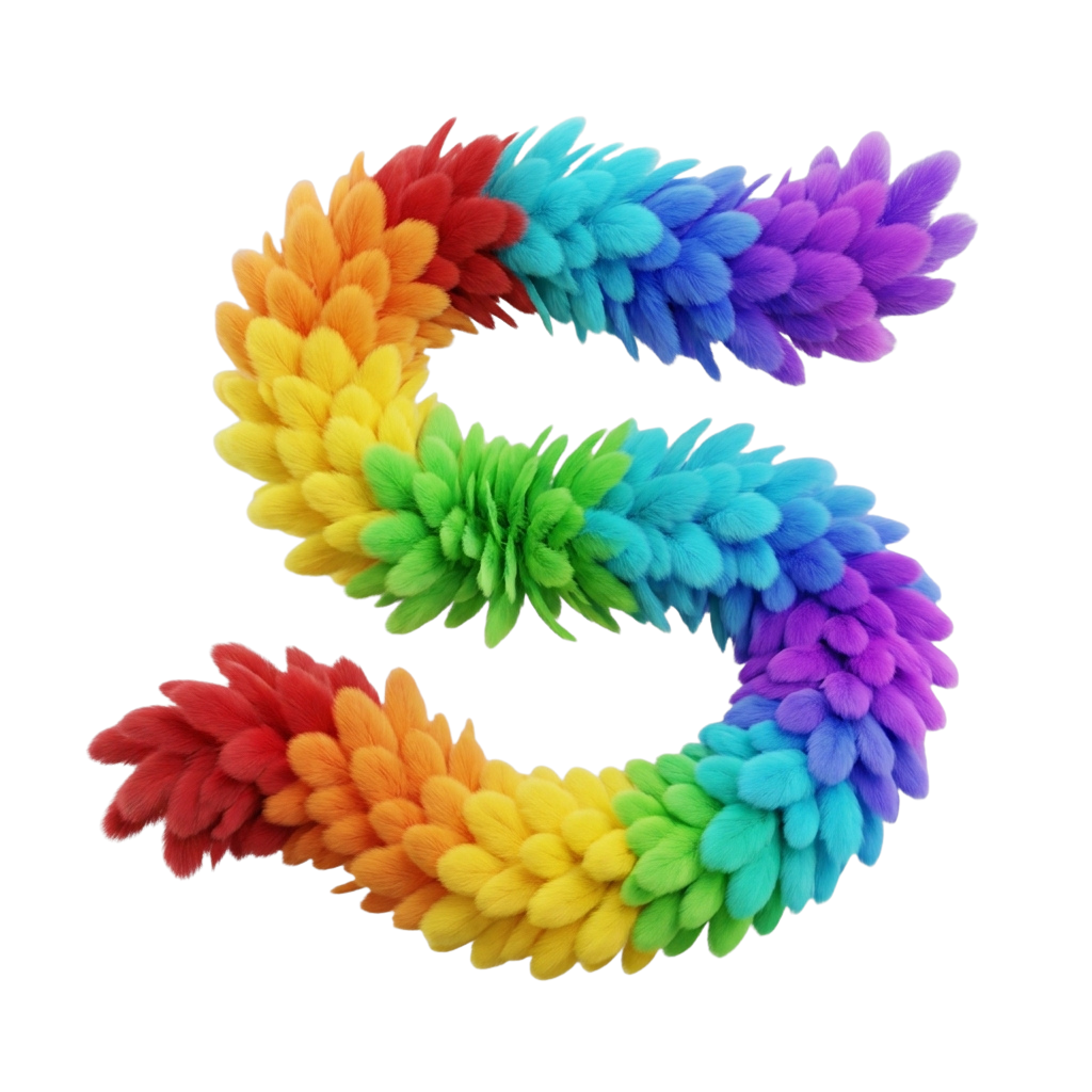 A stylized 3D letter S made of rainbow-colored puffs in red, orange, yellow, green, blue, and purple