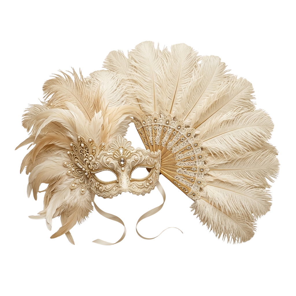 A gold-colored Venetian mask with intricate designs and large feathered extensions on both sides.
