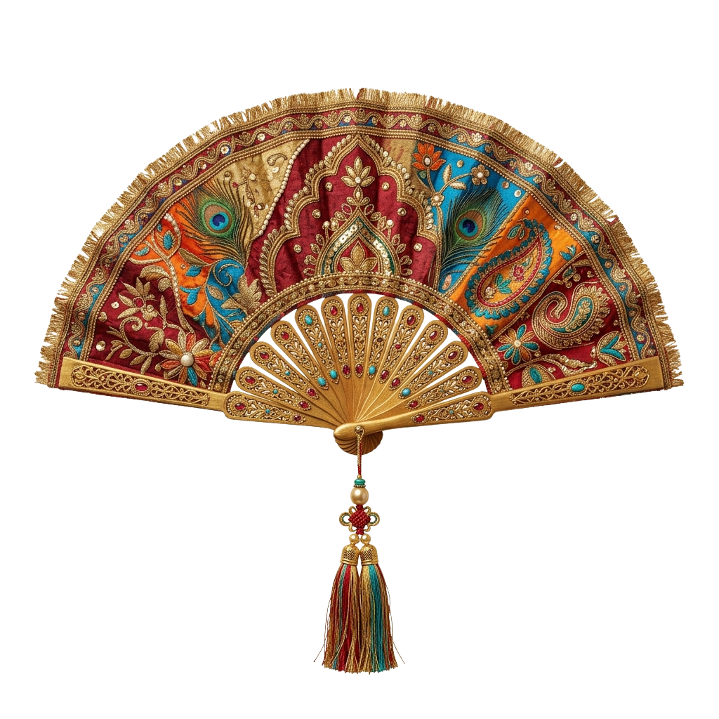 Decorative fan featuring peacock feathers, intricate embroidery, and a colorful tassel hanging from the handle