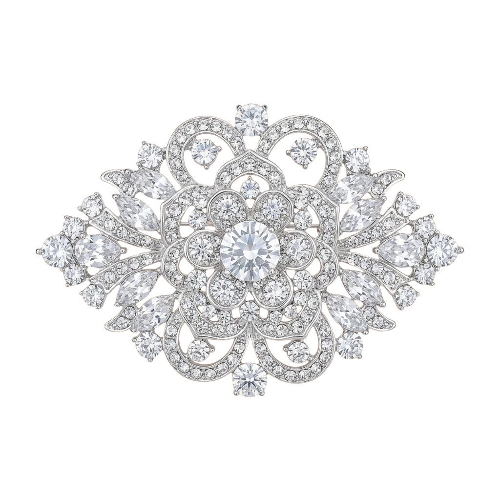 Intricate silver brooch shaped like a snowflake adorned with numerous small diamonds and a central large gemstone