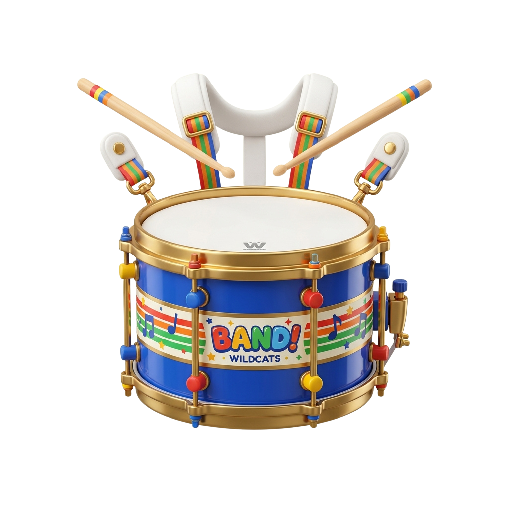Toy drum set with blue drum, gold hardware, colorful cymbals, and drumsticks for children
