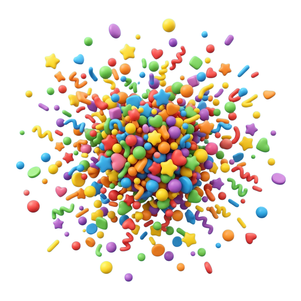 A cluster of vibrant 3D shapes in various colors including red, blue, green, yellow, and purple