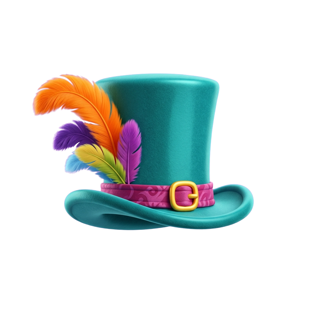 A teal top hat adorned with a rainbow feather and a pink band featuring a decorative buckle