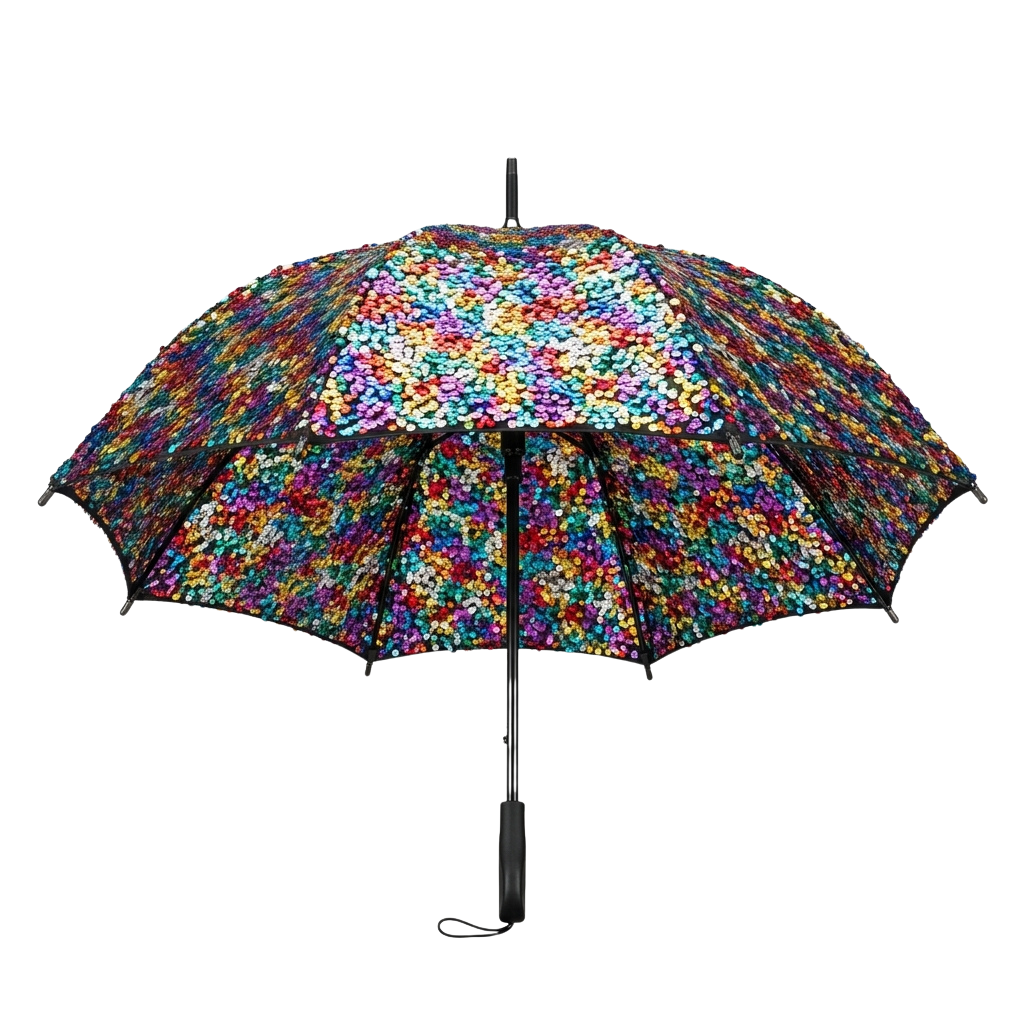 Open black-handled umbrella with vibrant multicolored bead pattern covering the canopy