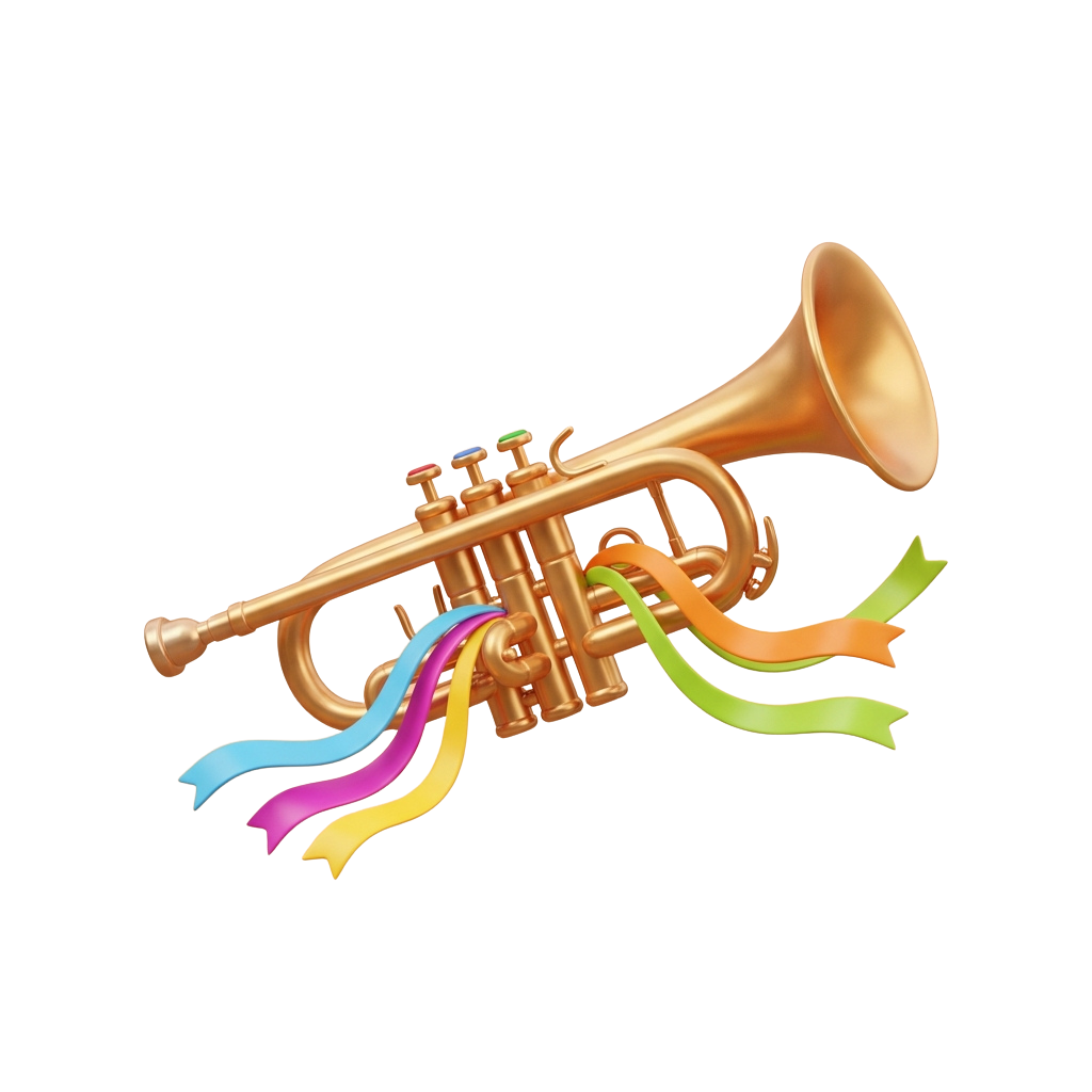 A golden trumpet with colorful ribbons flowing from its valves against a black background
