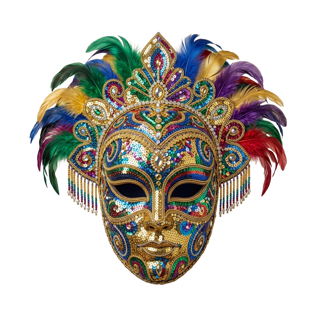 A detailed, glittery carnival mask featuring vibrant feathers and intricate gold patterns