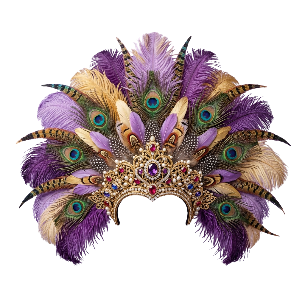 A decorative headpiece featuring colorful peacock feathers and a gold embellished center with gemstones