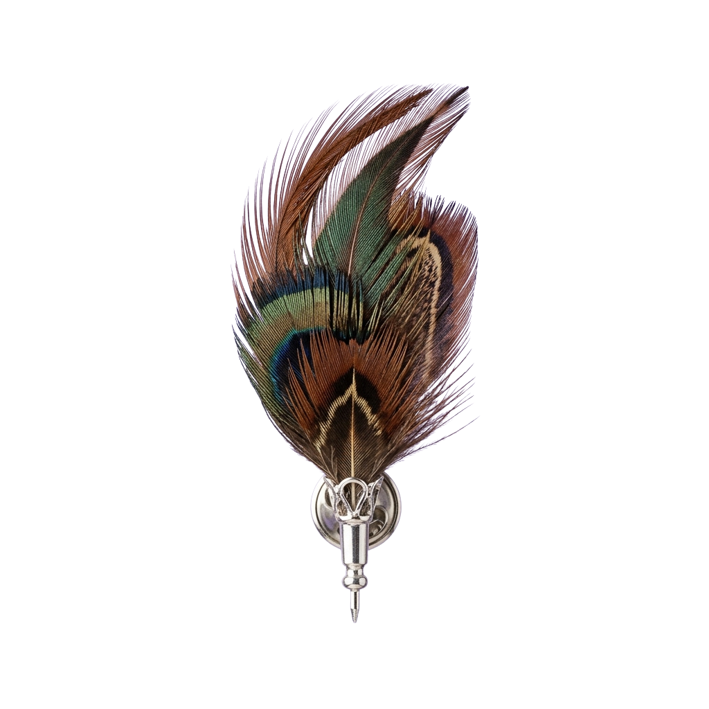 A close-up of a cufflink featuring a peacock feather attached to a silver metal clasp