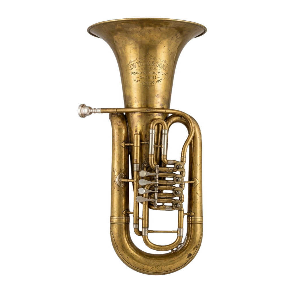 A close-up image of a vintage brass euphonium instrument with a polished gold finish and multiple valves.