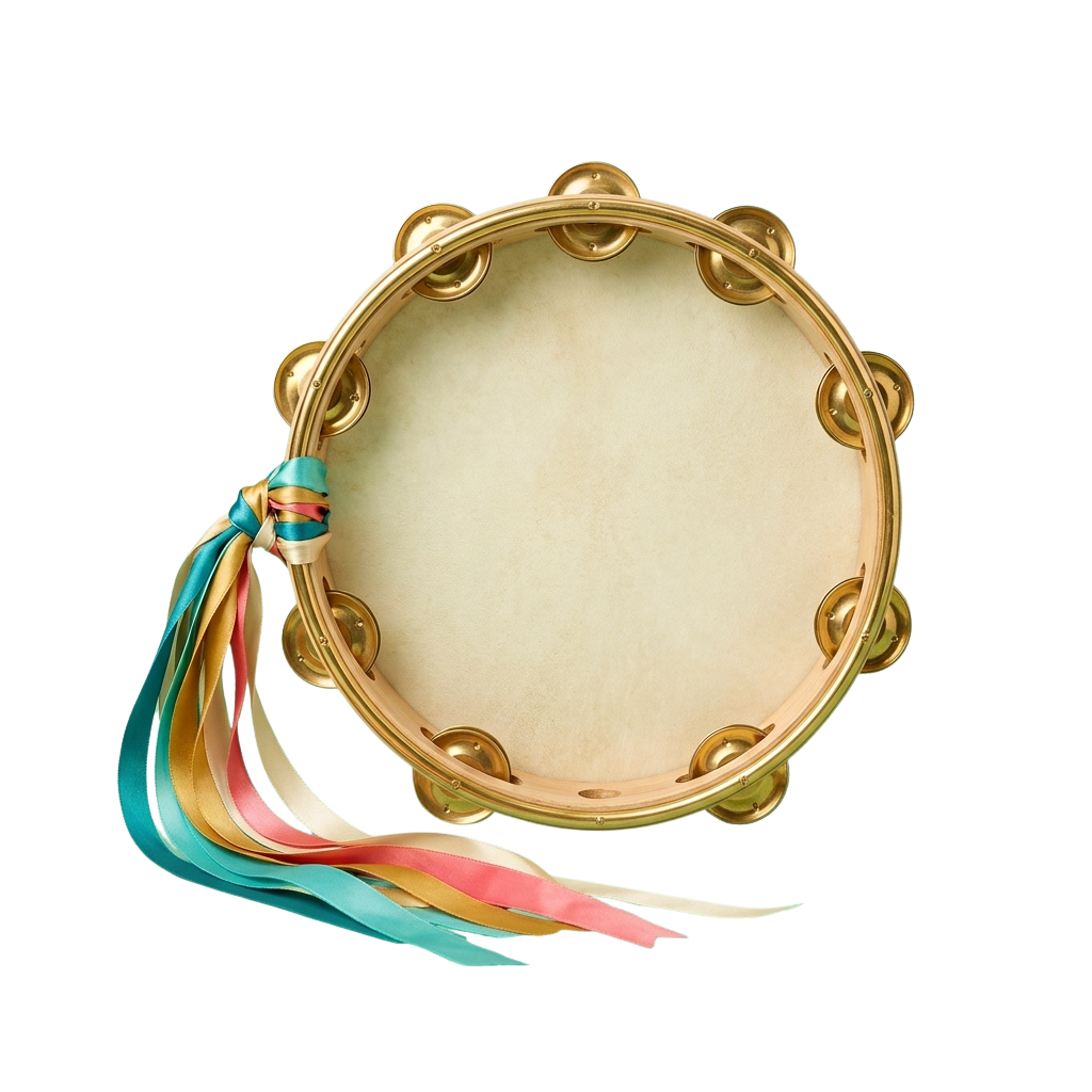 A tambourine with a gold metal frame and jingles, featuring a white head and colorful ribbons hanging from the side