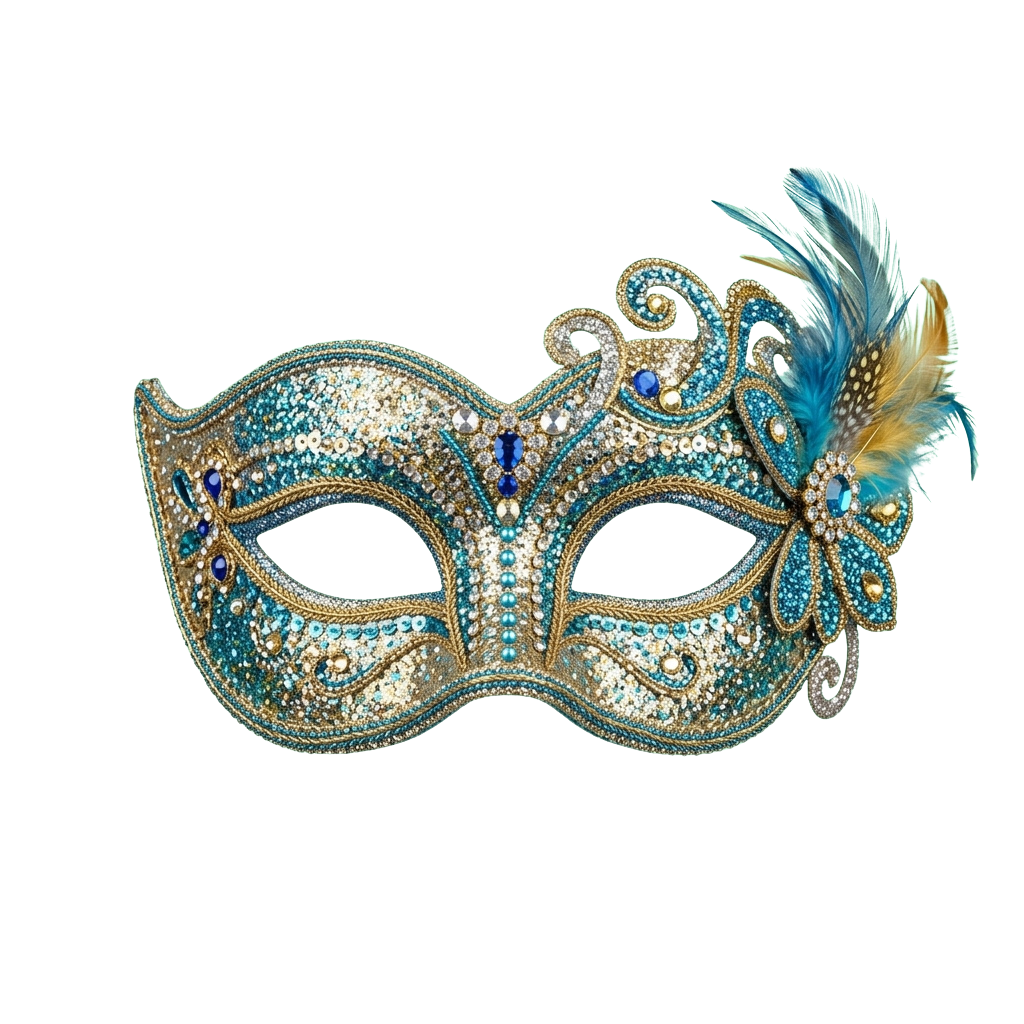Decorative gold and blue Venetian mask with intricate designs and a peacock feather on the right side