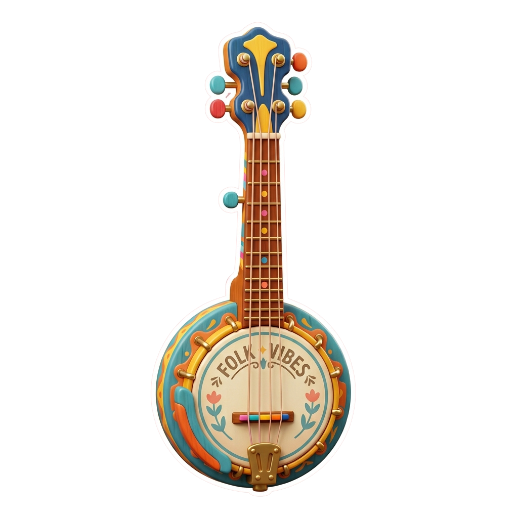 Decorative banjo cake topper with colorful floral and musical note accents, labeled Folk Vibes