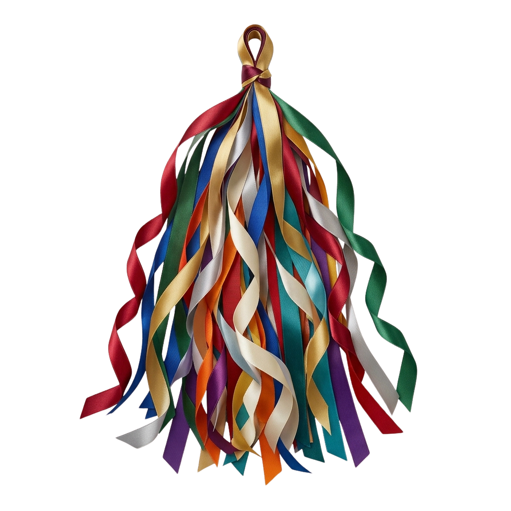 A decorative garland made of twisted multicolored ribbons tied together at the top