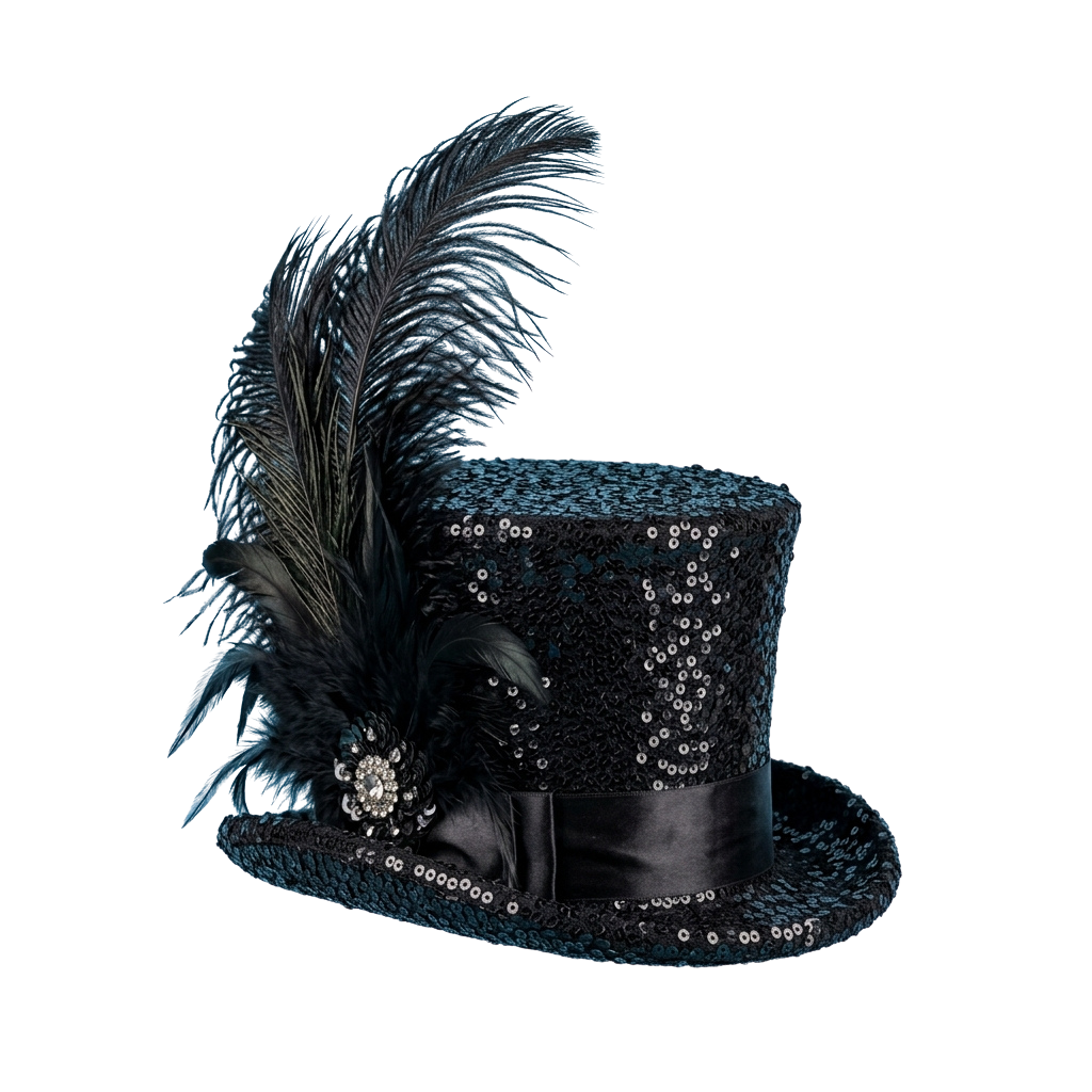 A black top hat adorned with blue feathers and silver rhinestones, featuring a decorative bow on the side.