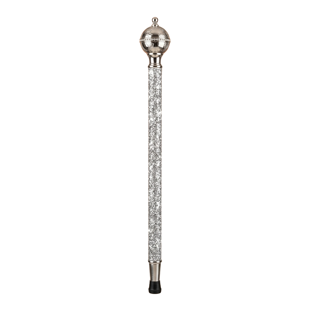 A tall, slender glass candle holder with a glittery texture and a decorative metal top and base