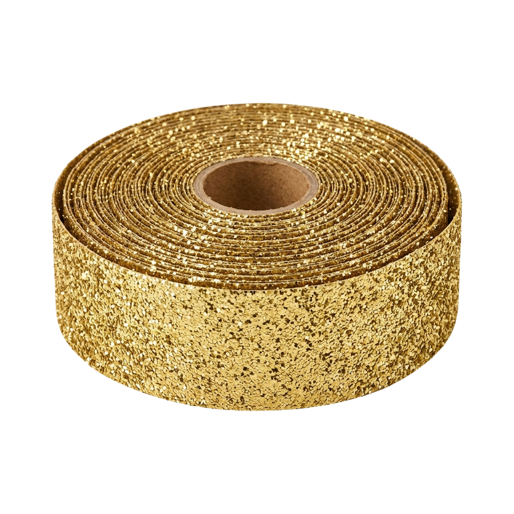 Roll of shiny gold glittery textured self-adhesive tape on a cardboard core