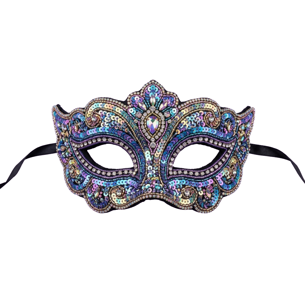 A decorative Venetian-style mask adorned with colorful iridescent sequins and rhinestones, featuring intricate designs and eye cutouts.