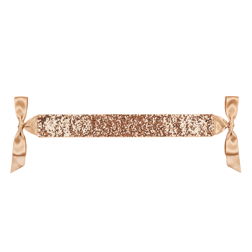 Gold glittery sash with two light beige silk ribbon bows on each end