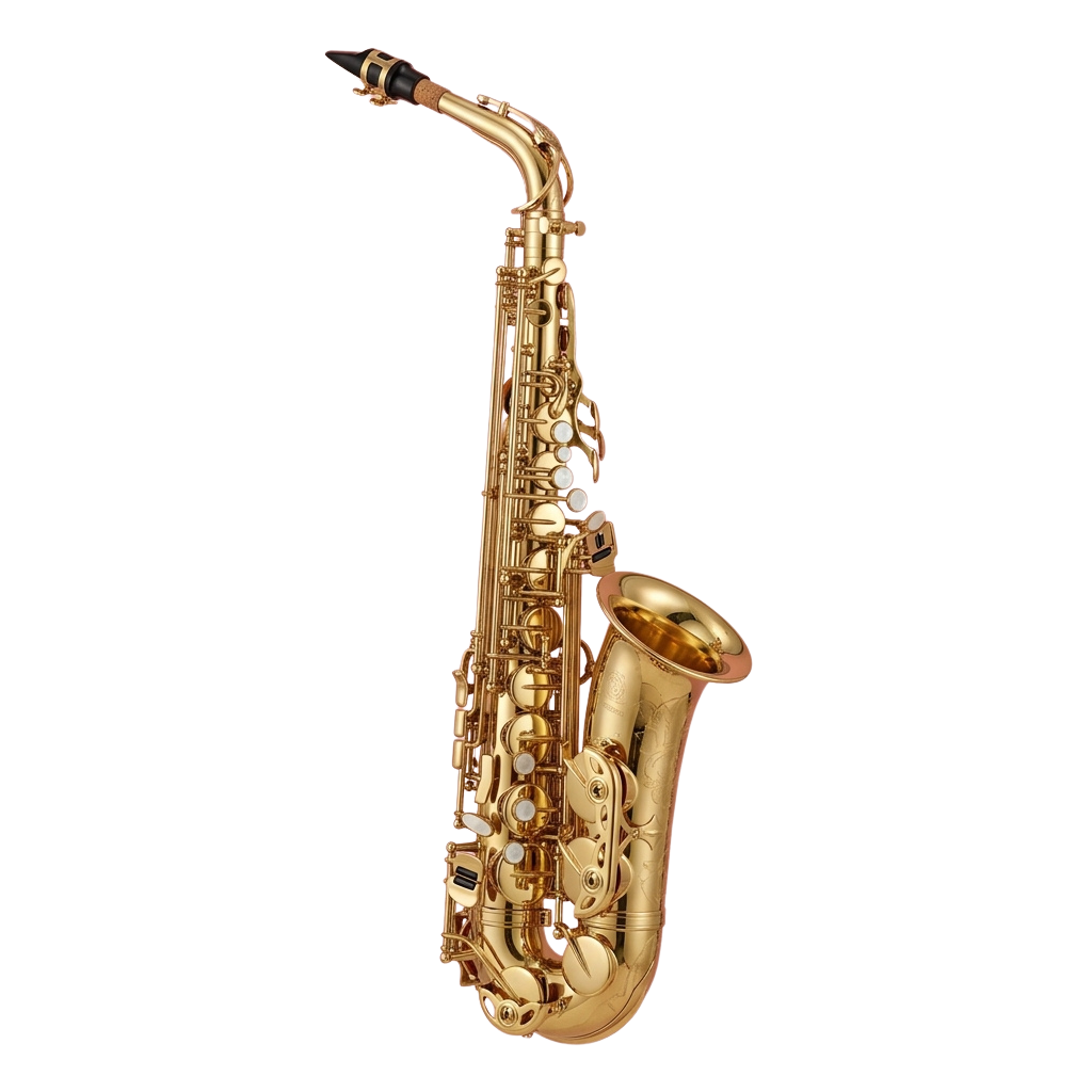 A polished gold tenor saxophone with a curved neck and multiple keys
