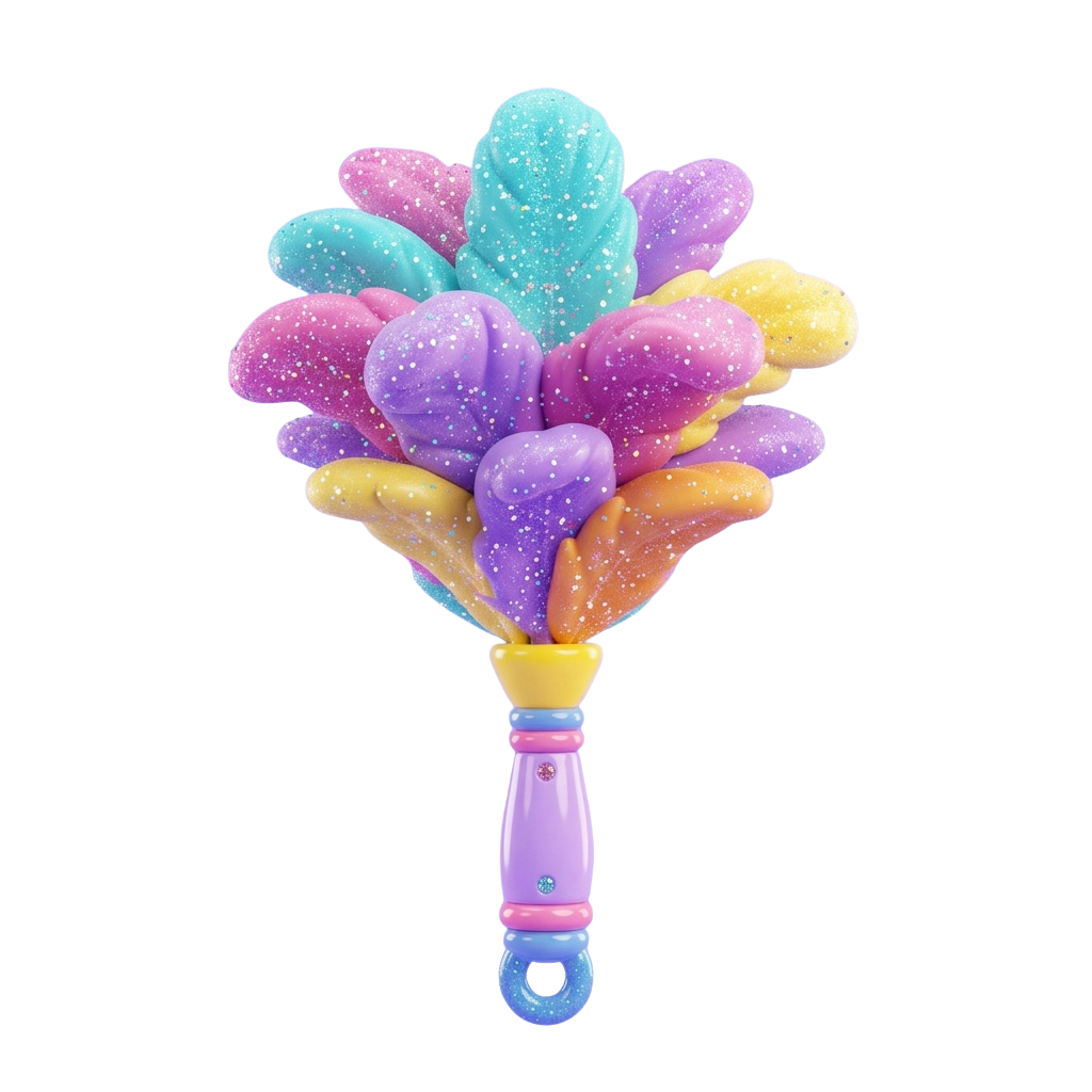 A vibrant bubble wand with heart-shaped, multicolored tips in purple, pink, yellow, and teal