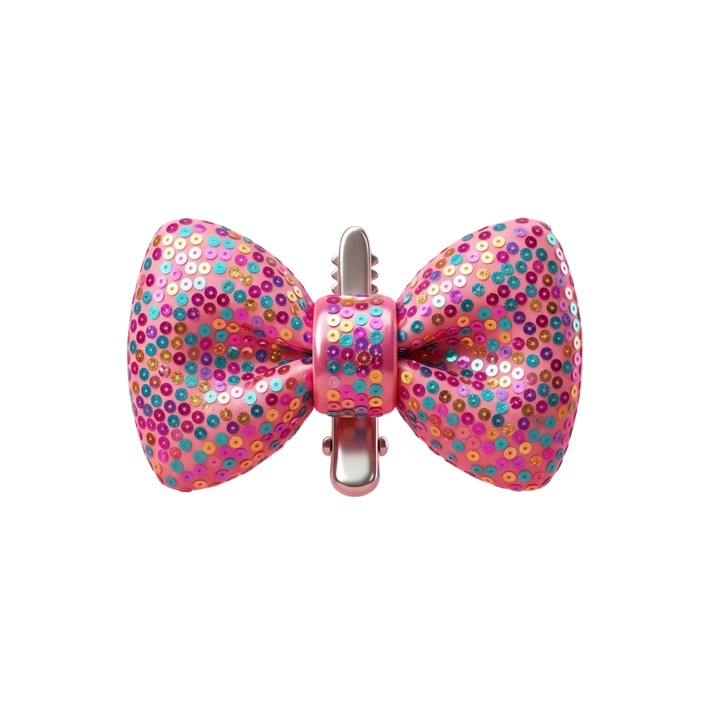A decorative bow hair accessory featuring a vibrant polka dot pattern in pink, orange, and teal colors