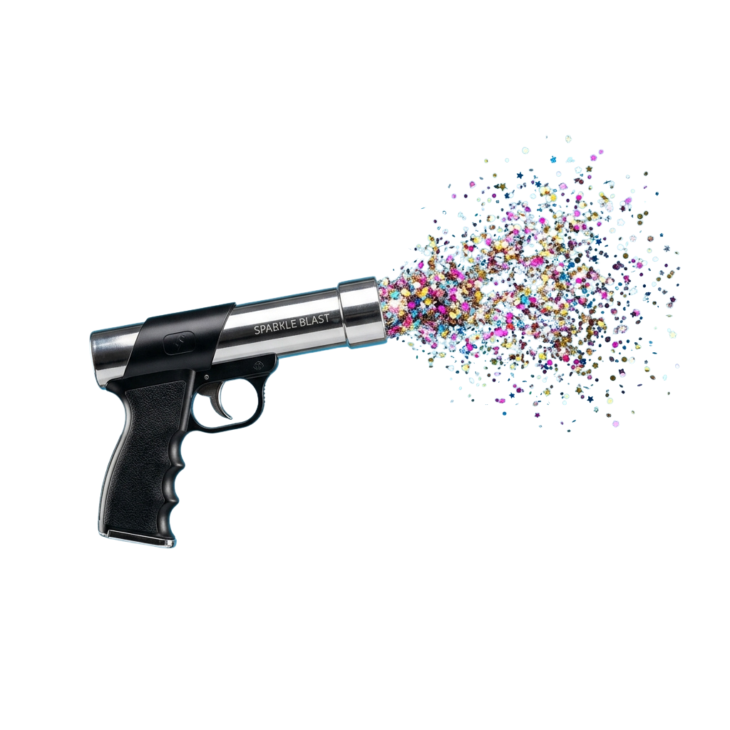 A toy gun firing colorful confetti sparkles into the air
