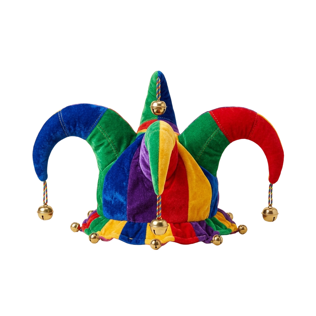 A vibrant jester hat with blue, green, red, yellow, and purple sections and gold jingle bells on the tips and around the base