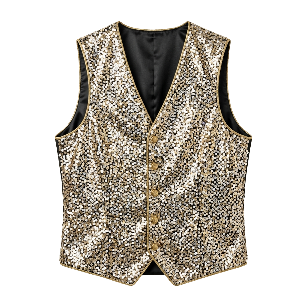 Gold sequined sleeveless vest with black lining and button closure