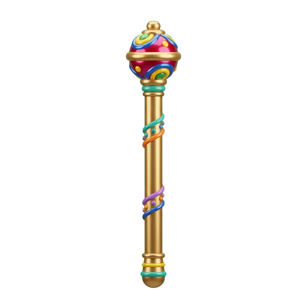A decorative golden wand with colorful gemstone accents and swirling bands near the top and base.